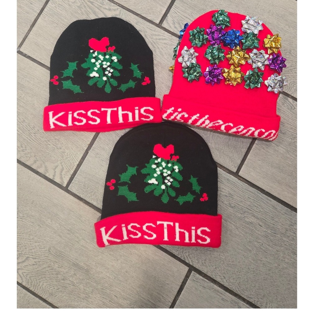 Funny Christmas "Kiss This" Holiday Beanies Lot of 3 Hats